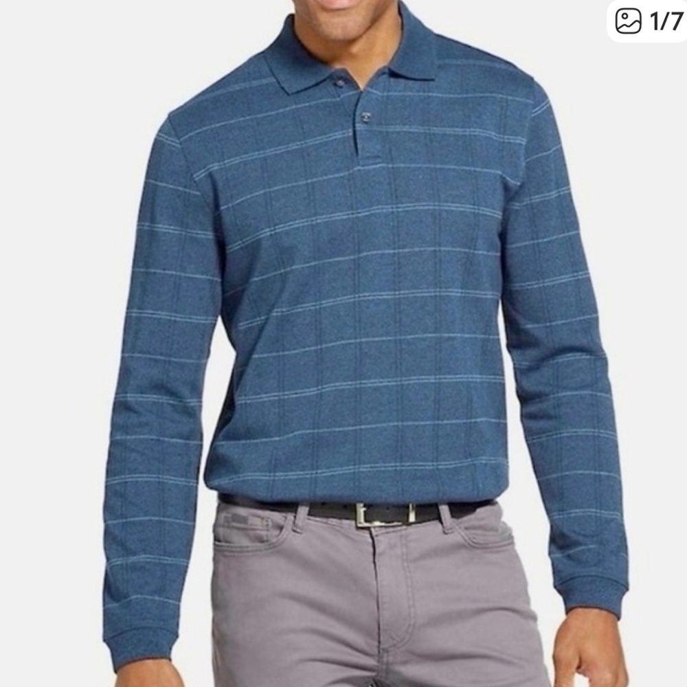 Van Heusen Blue Long Sleeve Polo with Subtle Windowpane size 2XL NWT
